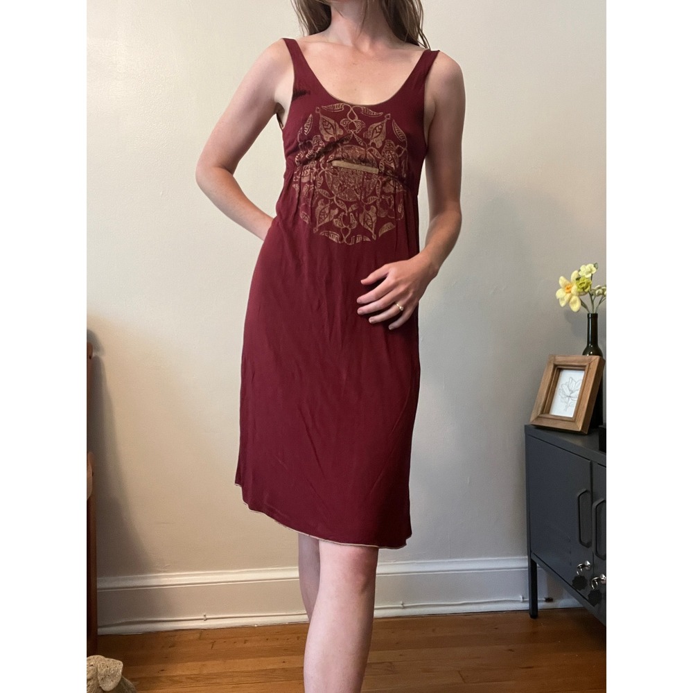 Boho Festival Midi Dress Mandala Empire Waist Size M Solemio Burgundy Red USA